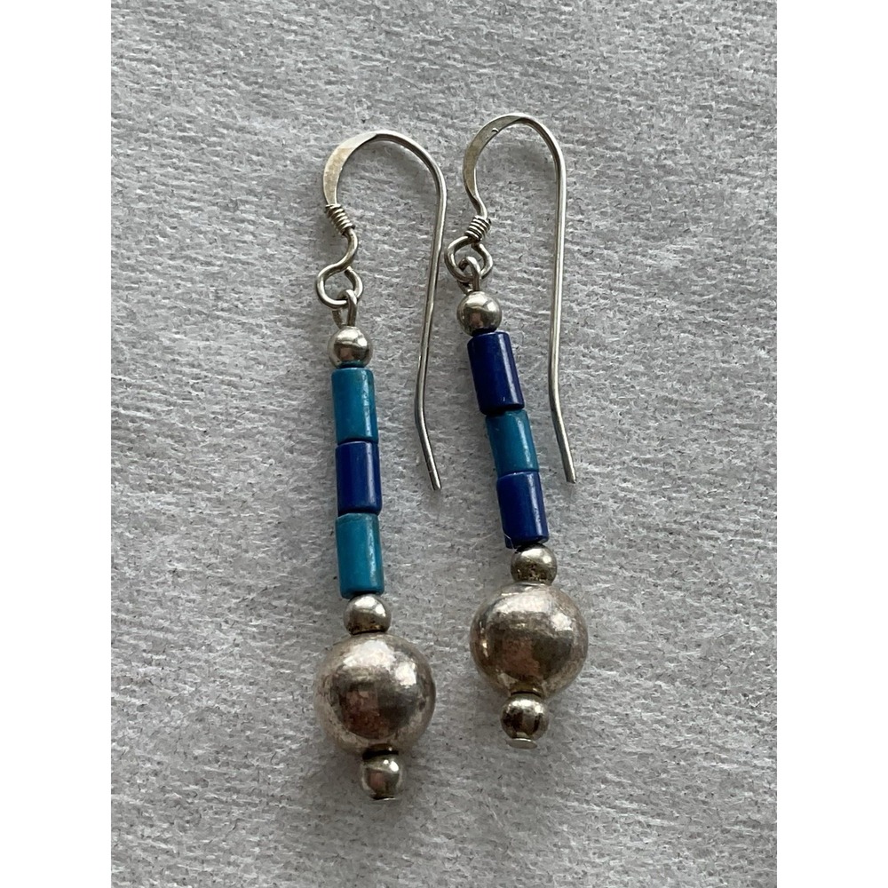 vintage Southwestern 925 Sterling Silver Turquoise & Lapis Bead earrings Dangle